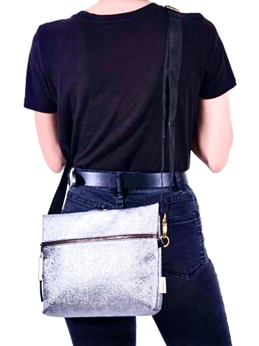 Kantero White Silver Glitter Backpack and Crossbody Bag with Black Straps NWOT - Picture 6 of 12